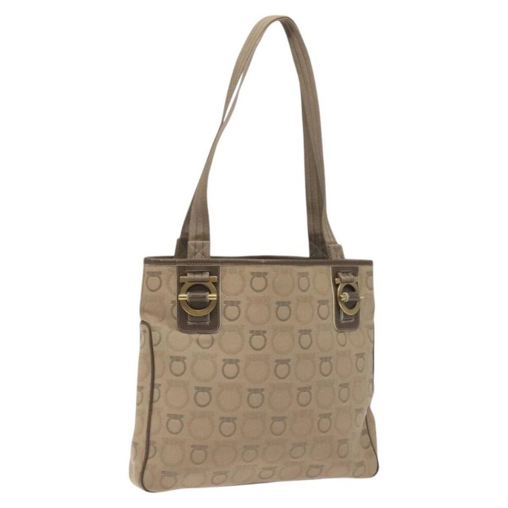 Salvatore Ferragamo Gancini Tote Bag Canvas Beige Gold
